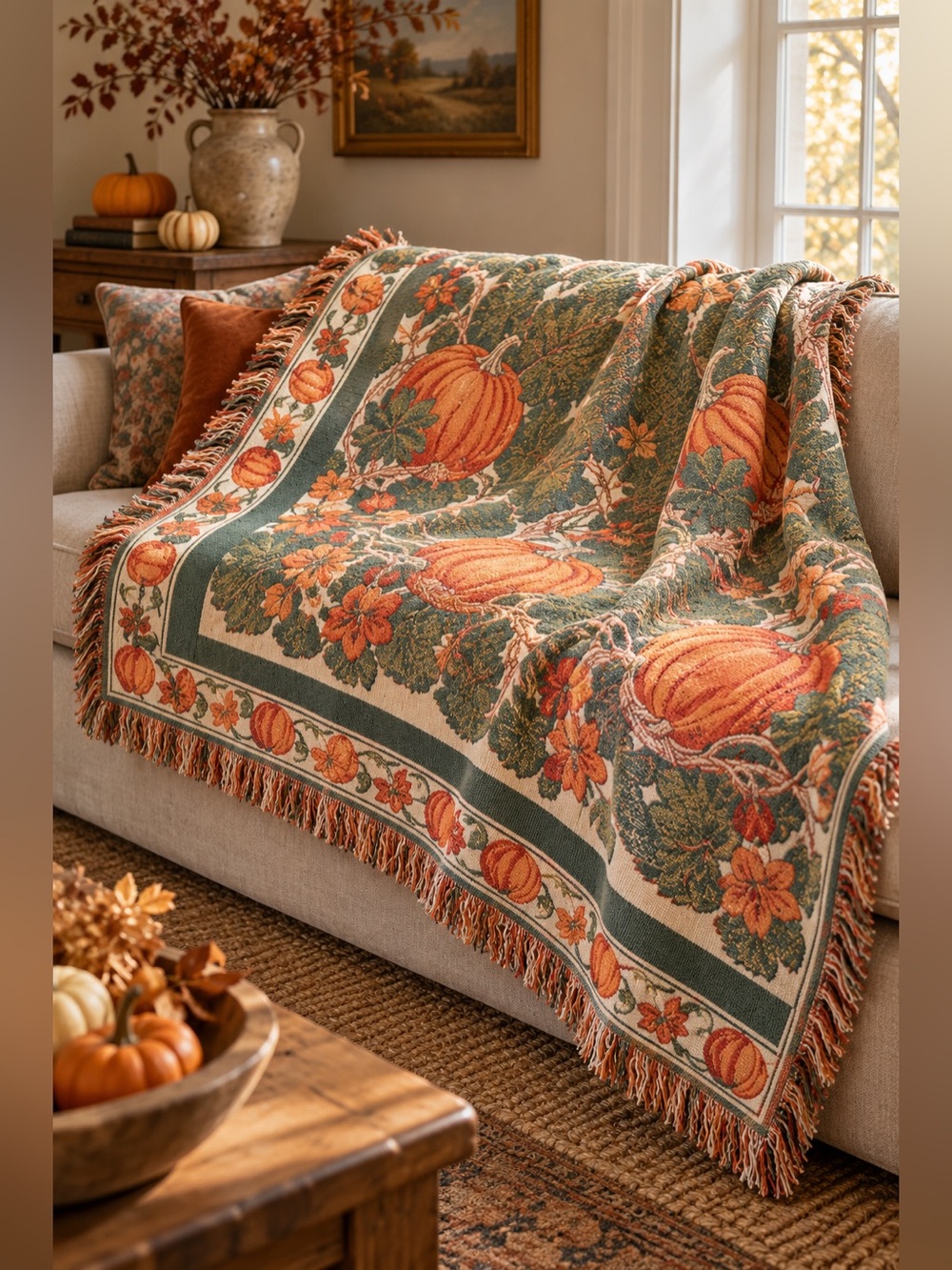 Vintage Pumpkin Harvest Woven Tapestry Throw Blanket 65x45 Fall Fringe Decor